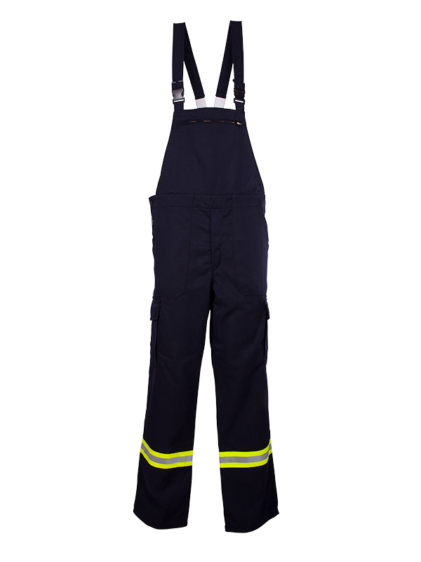 Feuerwehr-Latzhose HuPF Teil 2 100% Baumwolle FR Flamstop zertifiziert nach DIN EN ISO 11612:2015-11, schwarzblau, mit einem 3M-Reflexstreifen gelb/silber/gelb ca. 50 mm breit umlaufend an jedem Hosenbein, Brustlatz und hochgezogener Nierenschutz, ve