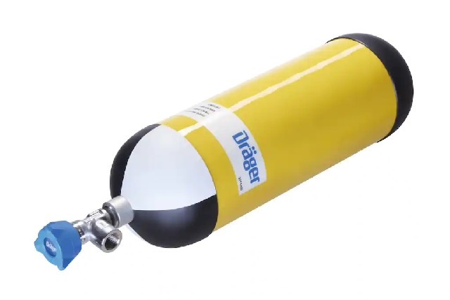 DRÄGER Druckluftflasche NANO Typ 4 6,8 Ltr./ 300 bar, AS/FW/RFID vorkonfiguriert, mit Abströmsicherung (AS) / FW. Vollkomposit-Flasche nach EN 1964, Farbe gelb, gefüllt mit Atemluft nach EN 12021, mit Verschlußschraube VS und Inbetriebnahme (TÜV-Abnahme),