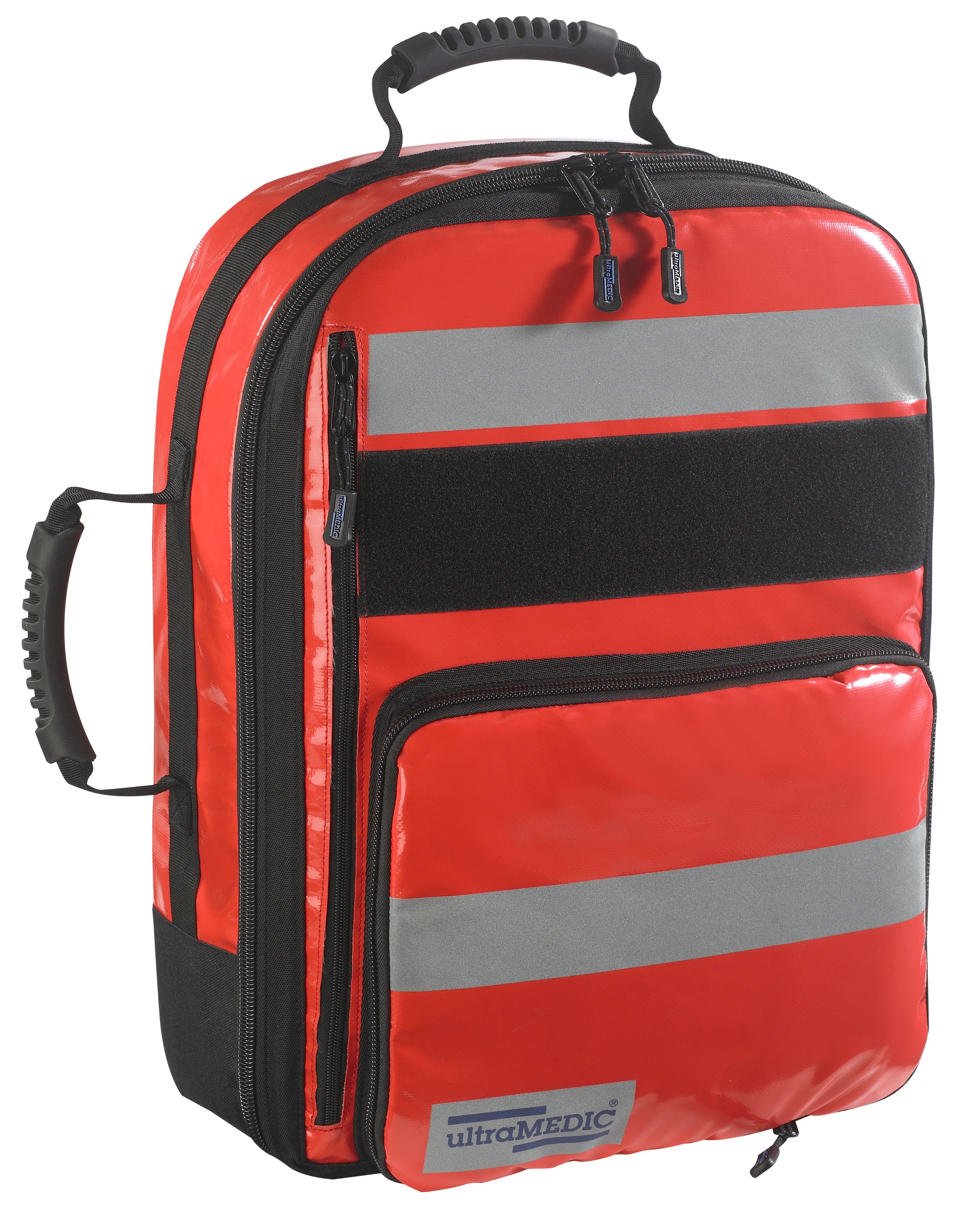 Notfall-Sanitätsrucksack RESCUE I (leer) ohne Füllung. Farbe orange-rot. Fassungsvolumen ca. 40 Ltr., mit 5 farblich sortierten Modul-Taschen. Maße 520x380x220 mm, Gewicht ca. 4,00 kg