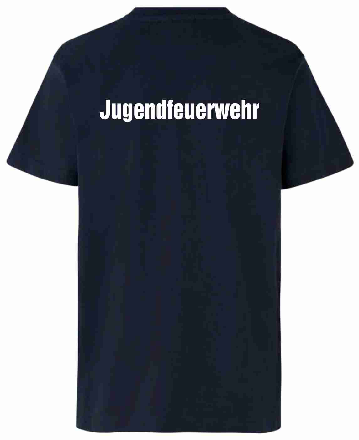 Damen-T-Shirt JFW 100% Baumwolle Farbe marineblau mit PATCH Rückenaufdruck JUGENDFEUERWEHR in weiß (andere Farben von T-Shirt und Aufdruck auf Anfrage), Größen XS - S - M - L - XL - XXL