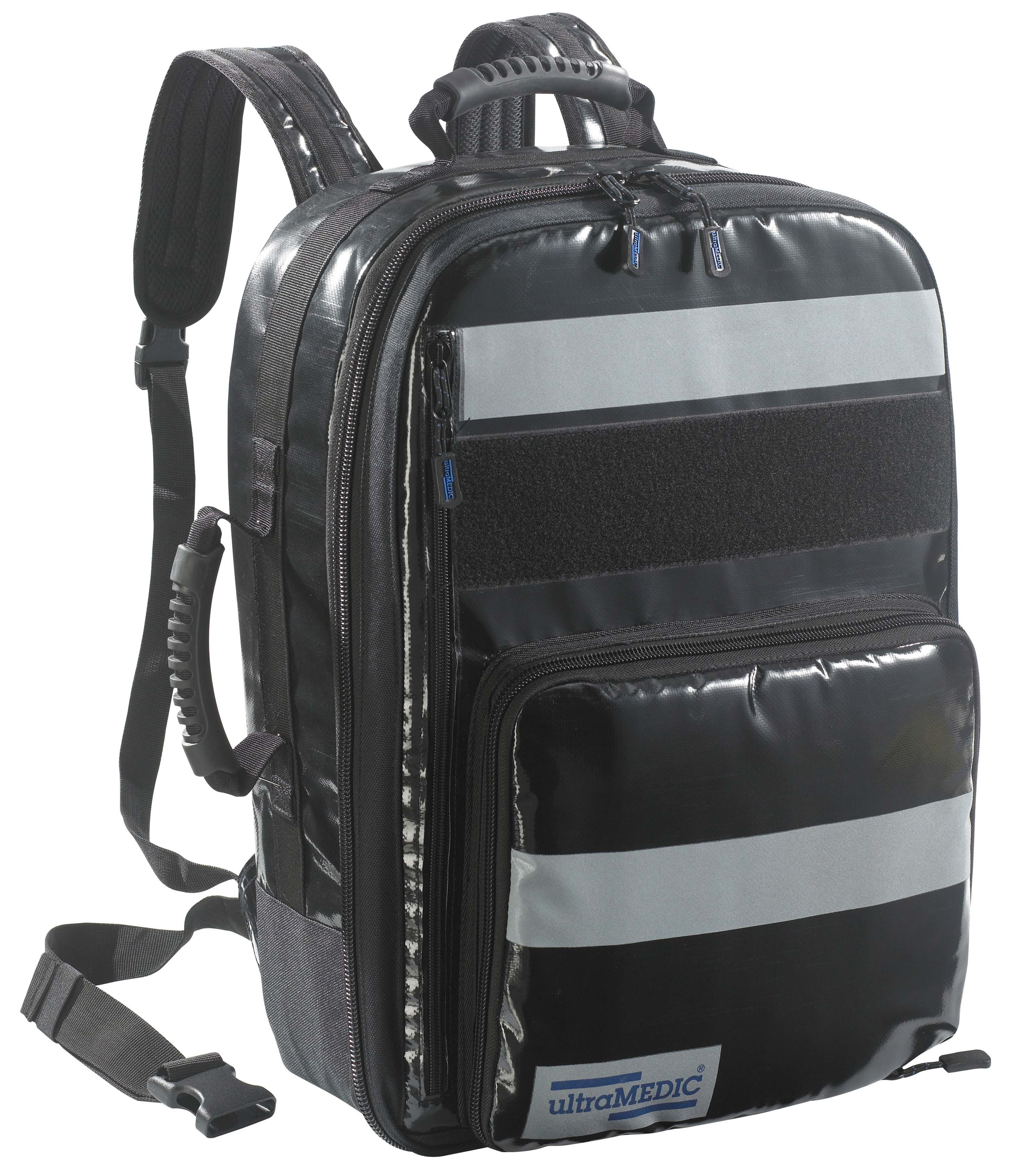 Notfall-Sanitätsrucksack RESCUE I (leer) ohne Füllung. Farbe schwarz. Fassungsvolumen ca. 40 Ltr., mit 5 farblich sortierten Modul-Taschen. Maße 520x380x220 mm, Gewicht ca. 4,00 kg