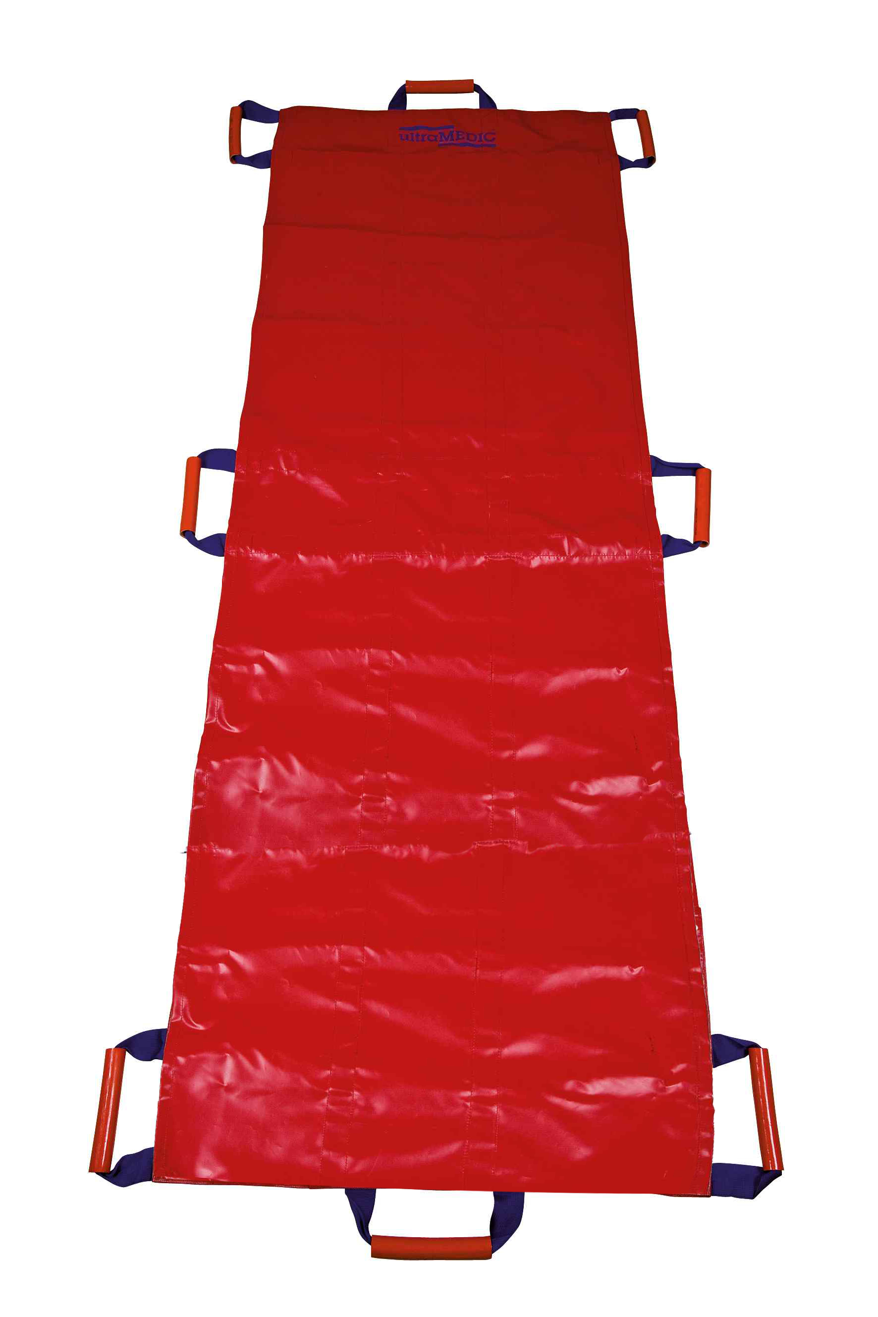 Rettungstuch (Bergetuch) DIN 13040, Farbe: rot, PVC-beschichtet, ca. 2.000x700 mm, an den Längsseiten je 3 Trageschlaufen sowie an Kopf- und Fußende ein Tragegriff, Gewicht ca. 1,8 kg
